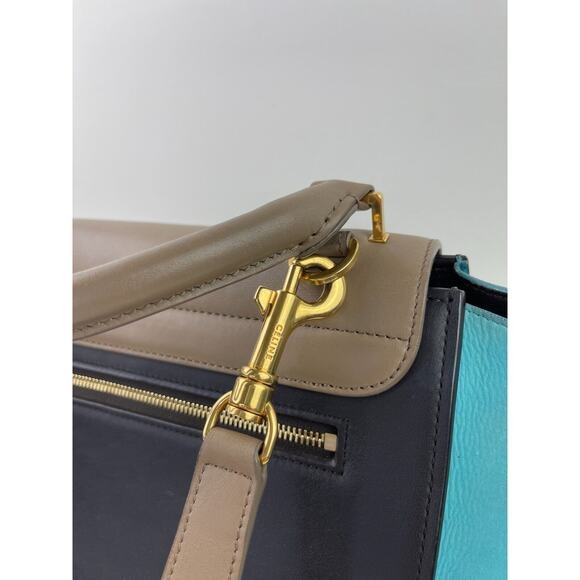 CELINE Trapeze Black Turquoise Teal Taupe Tricolor Leather 2 Handle Strap ITALY - Picture 9 of 16